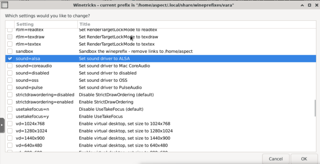 setting vara to alsa in wine