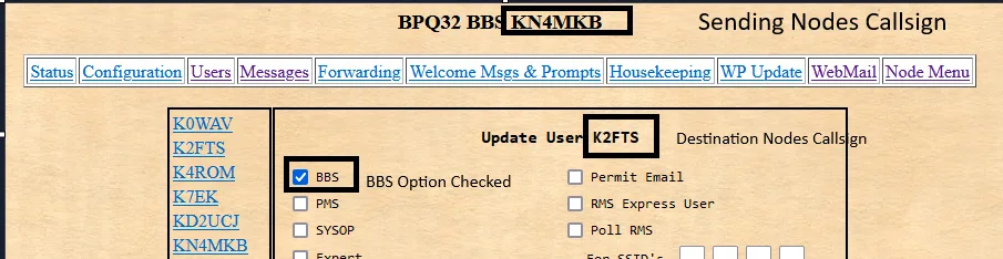 Set a BPQ32 User Record to BBS for Forwarding
